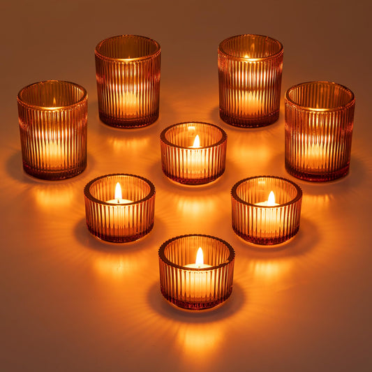 Glasseam Amber Glass Tealight Holders Set of 8 - Ribbed Small Votive Candle Holders for Table Centerpiece, Vintage Decor for Halloween Thanksgiving Party