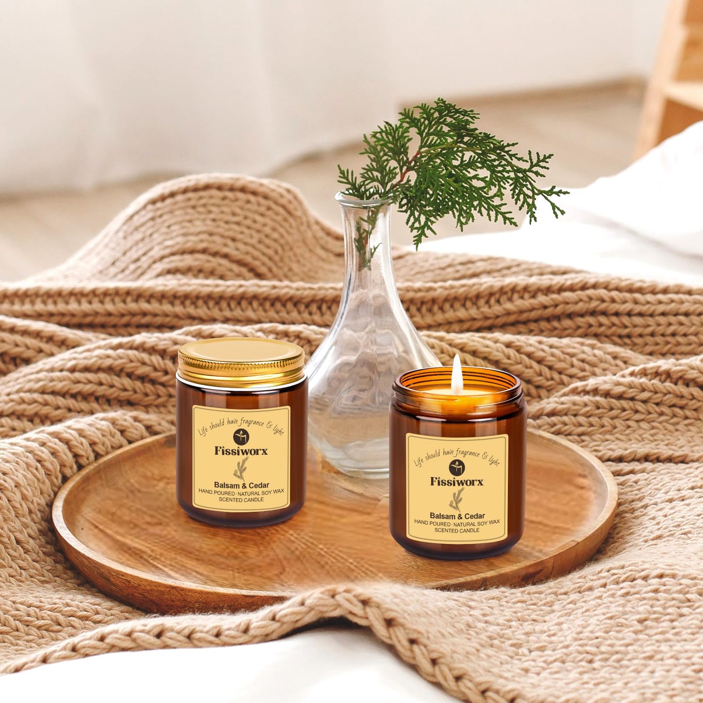 Balsam & Cedar Scented Candle Set 2 Pack – Natural Soy Wax Hand-Poured – Relax and Relieve Stress – 60-Hour Long-Lasting Burn – Premium Aromatherapy Candle for Home Decor, Gifts