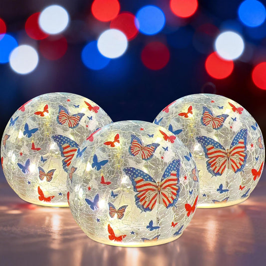 Memorial Day Decorations,3PCS Independence Day Decorative Lights, 3.93-inch Independence Day Desktop Decoration LED Night Light, Cracked Glass Ball Light with Timer, 4th of July Ornament (Butterfly)