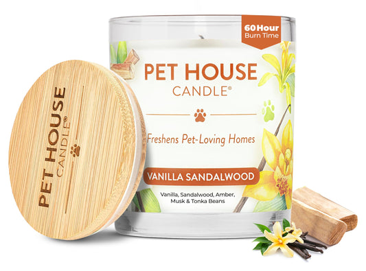 One Fur All Pet House Candle Plant-Based/Soy - Clean Burning Scented, Long Lasting Pet Odor Candle for Home - Vanilla Sandalwood