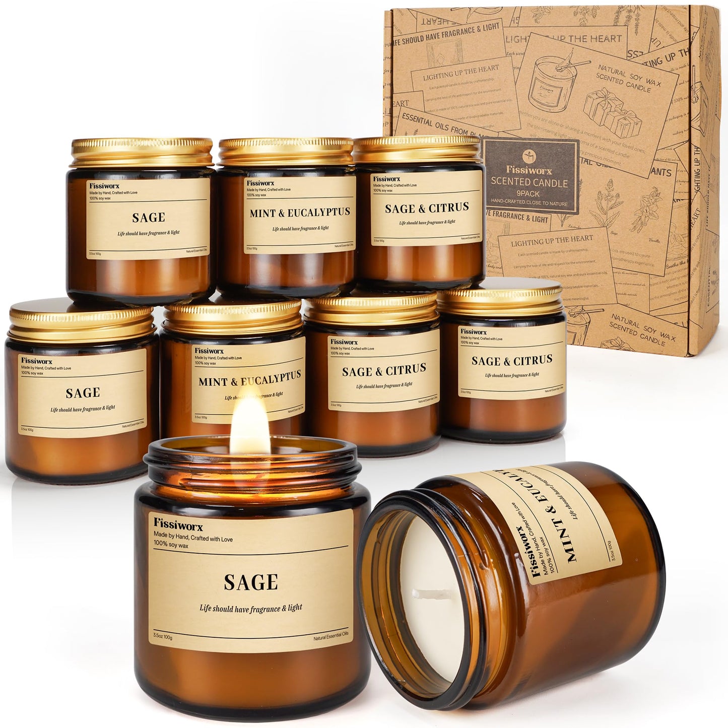 9 Pack Soy Candles for Home Scented |（Sage/Mint & Eucalyptus/Sage & Citrus） Long-Lasting 270 Hours, Natural Scented Candles Gift for Women & Men, Birthday, Mother’s Day, Christmas, Thanksgiving