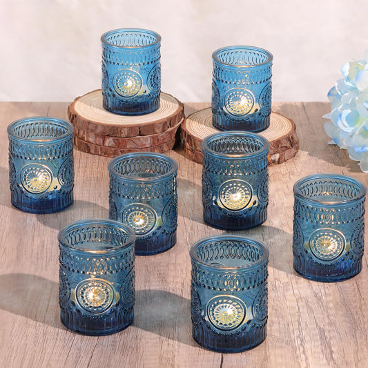 Lanttu Blue Votive Candle Holder Set of 12, Glass Tea Lights Candle Holders for Wedding Table Centerpieces, Birthday Parties, Home Decor and Holiday Decor