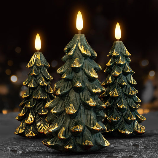 HN HAIINAA Green Christmas Tree Shaped Flameless Candles with Timer, Real Wax 3D Wick Flickering Battery Operated LED Candles for Christmas Home Party Decoration Set of 3