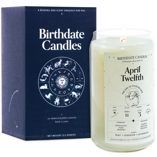 Birthdate Candles, April 12 - Aries Zodiac Scented Candles Birthday Gift - Mint, Geranium & Cedarwood Scent - All-Natural Soy & Coconut Wax, 60-80 Hour Burn Time - Made in USA