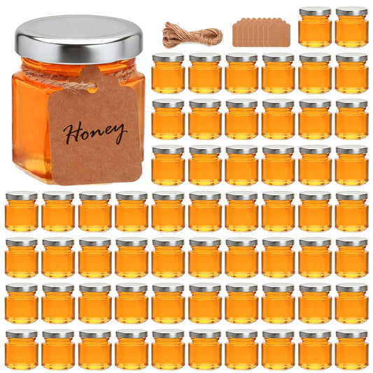 Encheng 60 Pack 1.5 oz Mini Honey Jars with Lids, Hexagon Small Glass Jars with Lids for Honey, Jam, Spices & Candy, Mini Mason Jars with Jute Twine & Kraft Tags for Wedding Party Favors, Baby Shower
