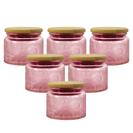 LINGSHINE 4 oz Pink Glass Jars with Airtight Bamboo Lids 6 pack, Decorative Small Food Storage Canister, Vintage Embossed Home Décor Candle Parties Wedding Baby Shower Favors Gift