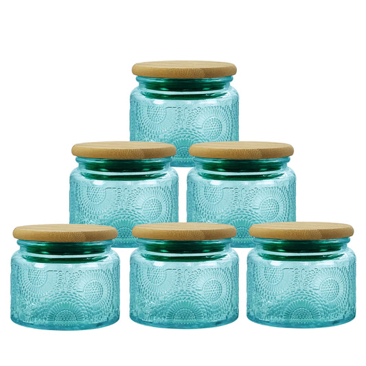 LINGSHINE 4 oz Blue Mini Glass Jars with Airtight Bamboo Lids 6 pack, Decorative Small Food Storage Canister, Vintage Embossed Home Décor Candle Parties Wedding Baby Shower Favors Gift
