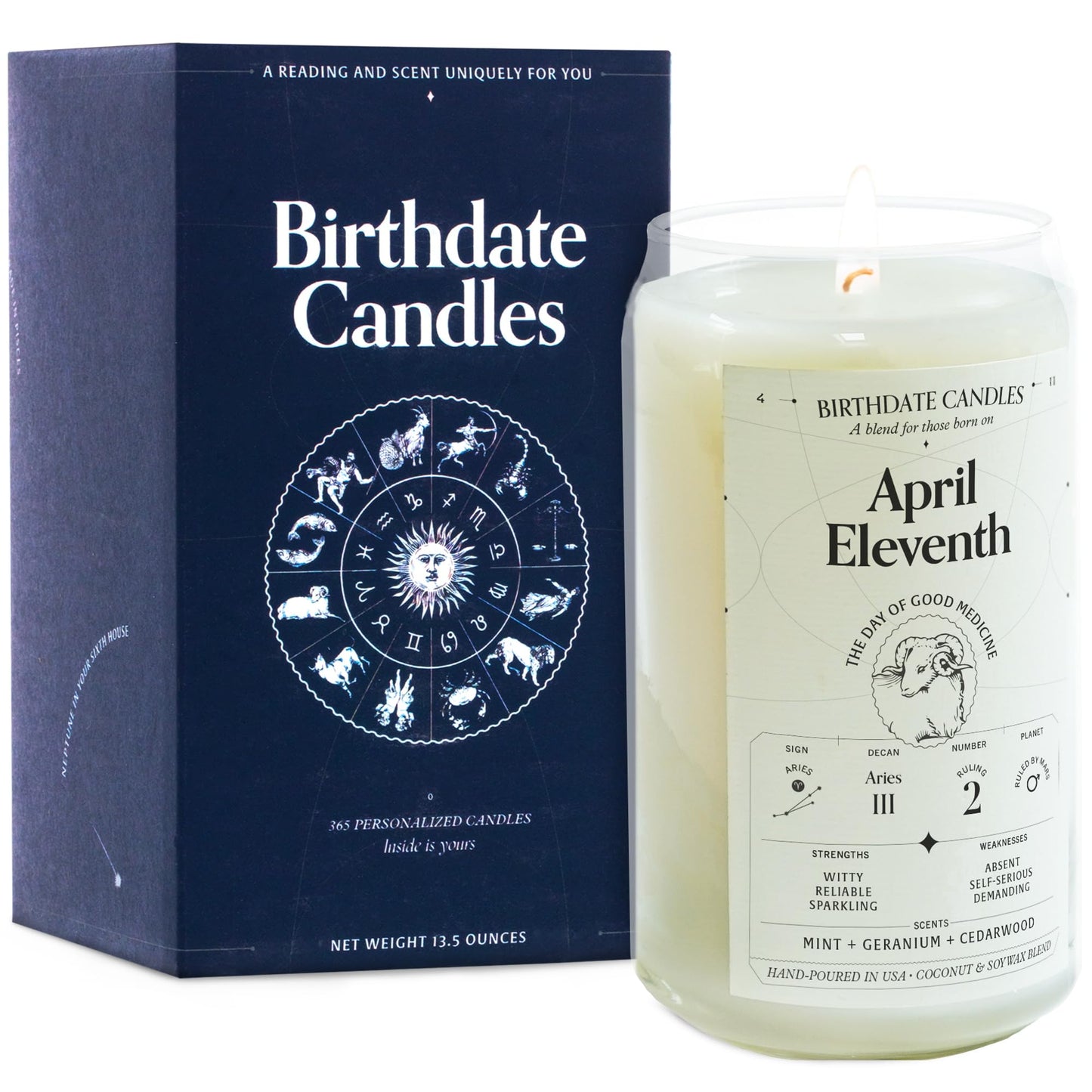Birthdate Candles, April 11 - Aries Zodiac Scented Candles Birthday Gift - Mint, Geranium & Cedarwood Scent - All-Natural Soy & Coconut Wax, 60-80 Hour Burn Time - Made in USA