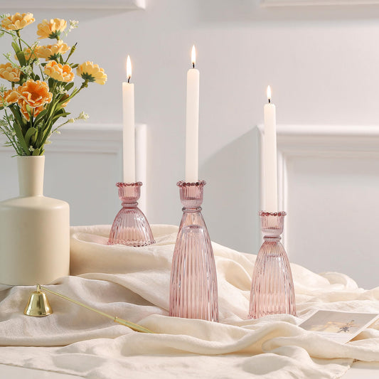 Joyfice Vertical Stripe Candlestick Holders Set of 3, Premium Glass Candle Holders for Candlesticks and Taper Candles, Vintage Candle Holder Decor for Table Centerpiece, Pink