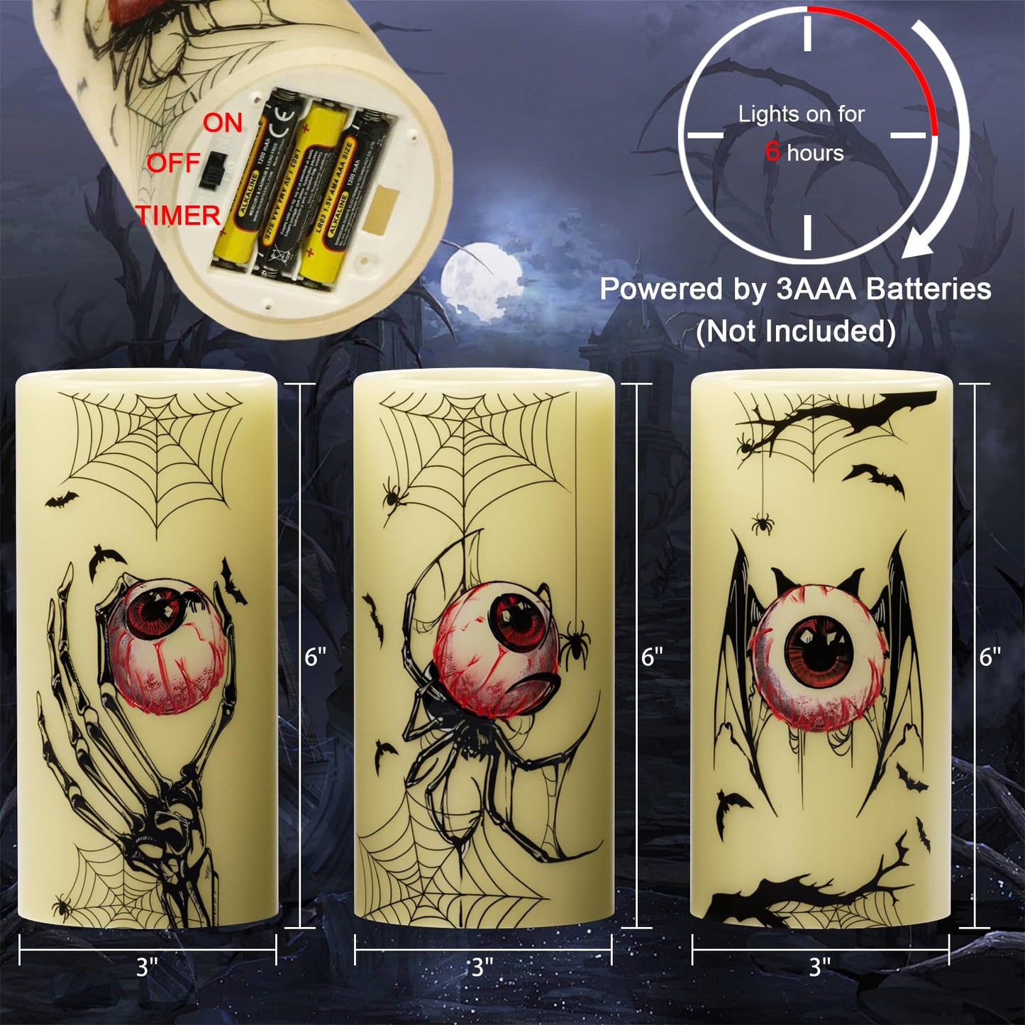 Eldnacele Halloween Flameless Flickering Candles with Timer, Battery Operated Spider Eyeballs, Bat Eyeballs, Skeleton Hand Eyeballs Decals Real Wax LED Pillar Candles Horror Spooky Decor(3pcs,D3×H6)