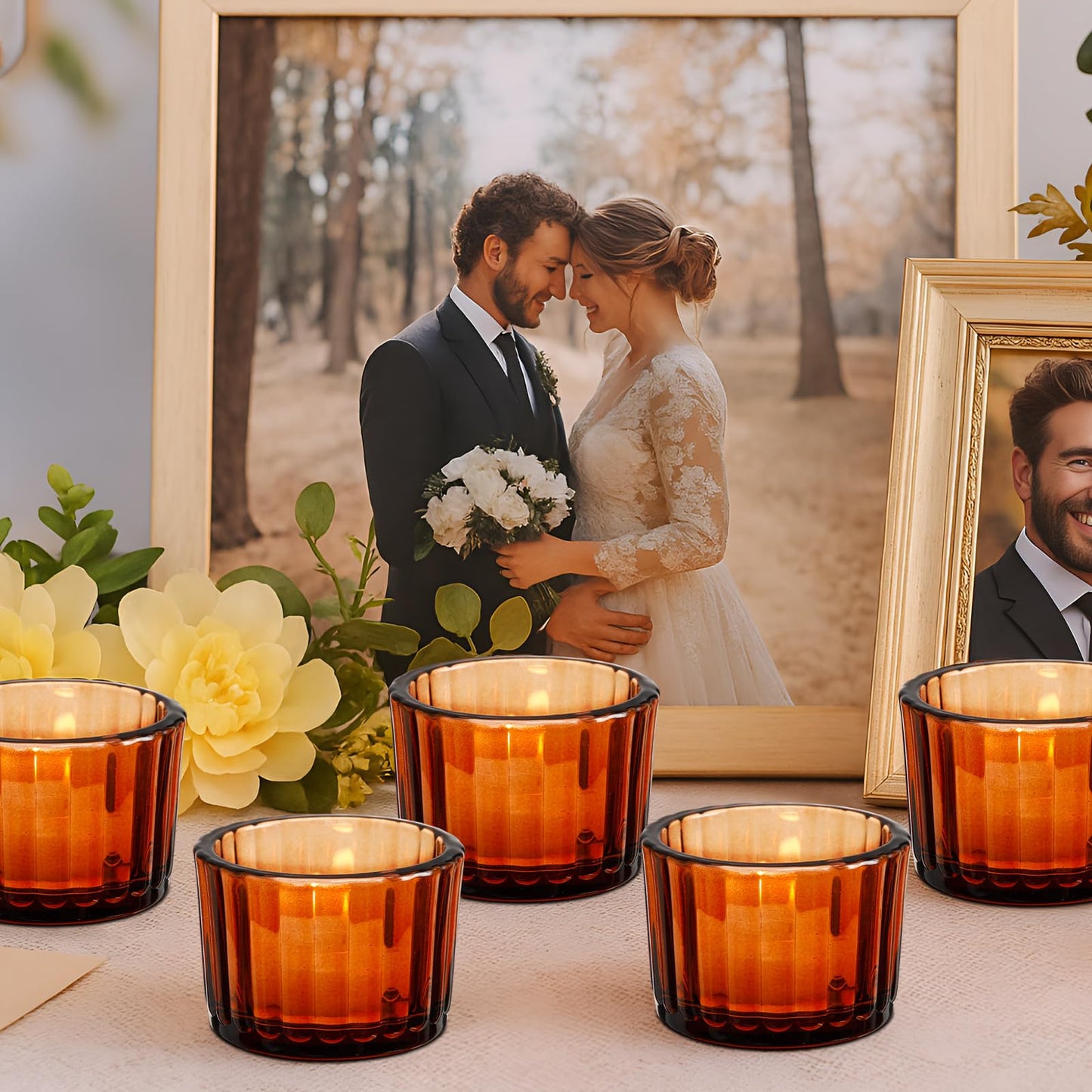 Mumufy 50 Pcs Glass Tealight Candle Holder Ribbed Votive Candle Holder for Centerpiece Wedding Proposal Spa Aromatherapy Meditation Home Decor (Amber)