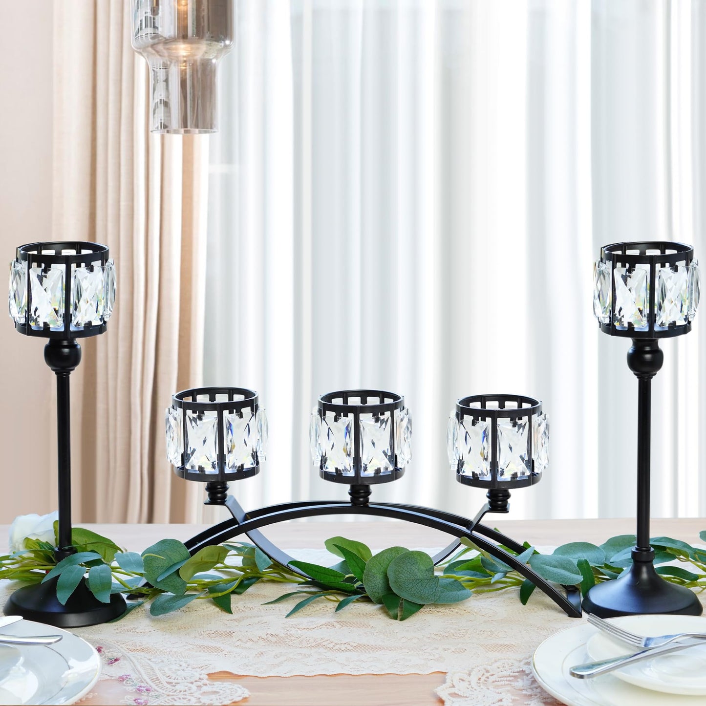 3 Arms Crystal Bowl Tealight Candelabra Votive Candle Stand, Wedding centerpieces for Tables Crystal Candlestick，Centerpiece Table Decorations (Set of Black)