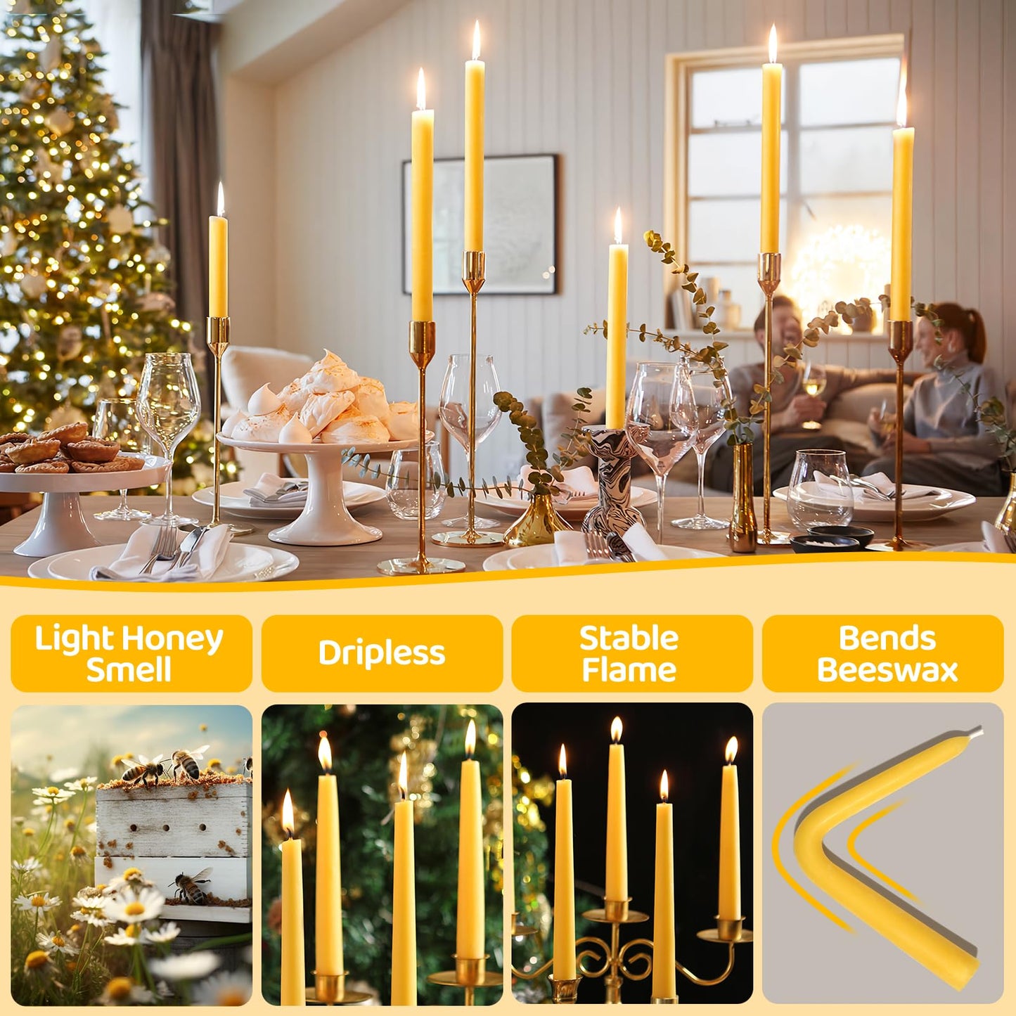 10 in Beeswax Taper Candles,18 Pack Dripless Pure Beeswax Candle Sticks,9-10 Hours Long Burning Natural Bees Wax Candles for Home,Unscented Smokeless Tapered Candlesticks for Dinner