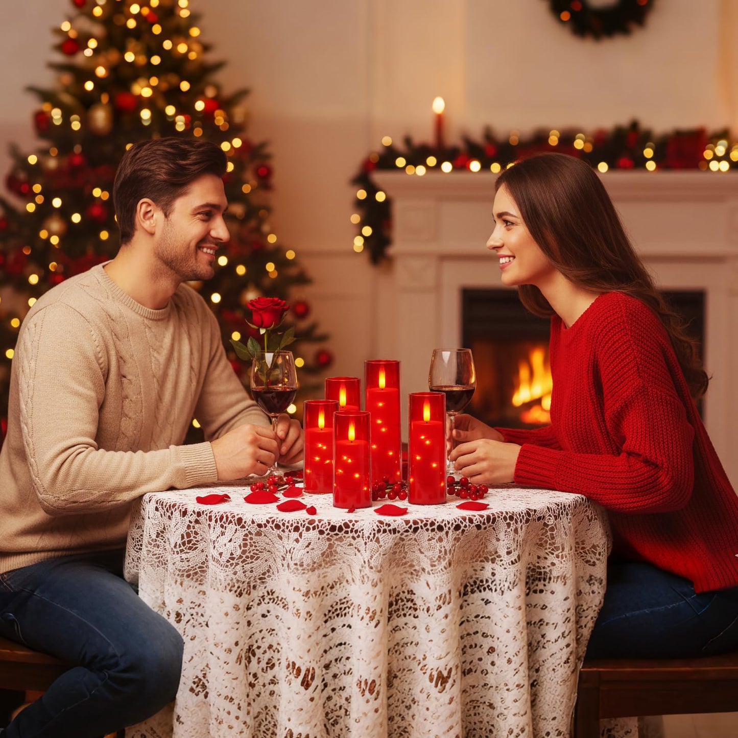 Raycare Flameless Candle with Remote Timer – 5 Flickering Acrylic Battery Operated LED Pillar Candles with Embedded Star String for Halloween, Home Decor, and as a Gift(Red)