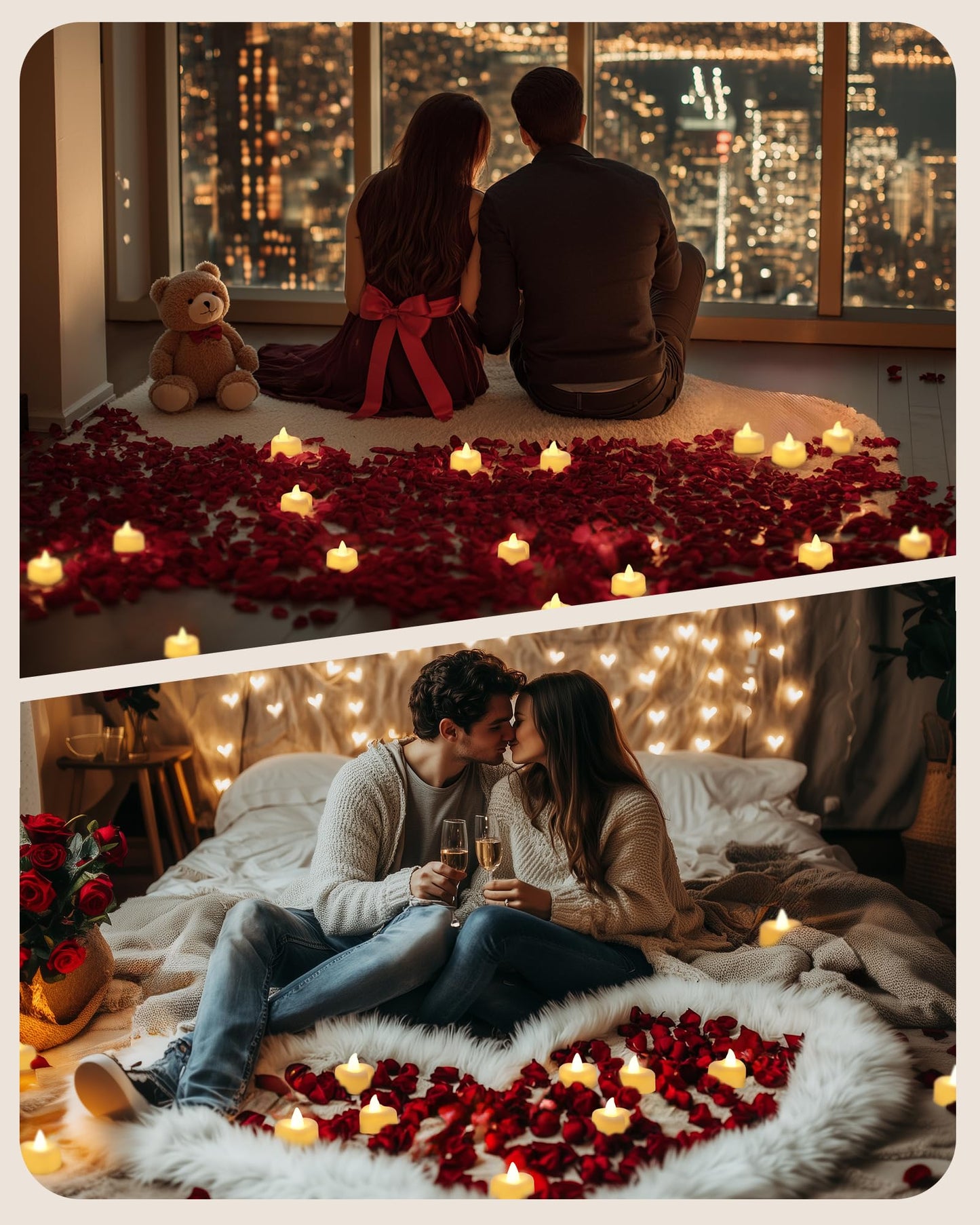 Amagic 4000 Pieces Artificial Rose Petals with 50 Heart LED Tea Lights Candles Kit, Rose Petals and Candles Set for Proposal, Anniversary, Special Romantic Night, Wedding Table Decor