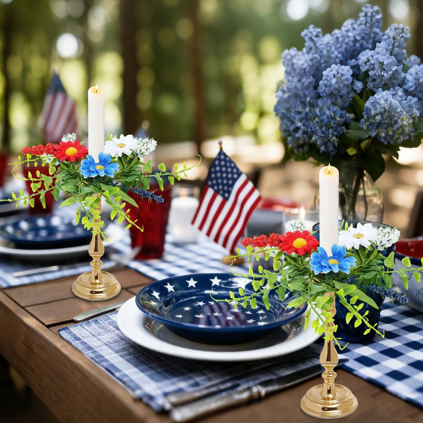 4 PCS Patriotic American Taper Candle Rings Wreaths 1.38" Mini 4th of July Floral Taper Candle Holder with Daisy Artificial Independence Day Table Centerpieces Wreath for Party Home Candlesticks Decor