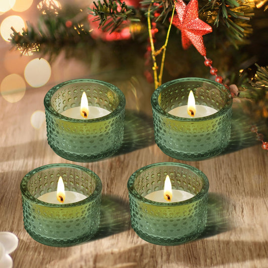 JOYIT Green Votive Candle Holders Bulk Set of 4, Tealight Candle Holder for Wedding Table Centerpiece, Glass Small Candle Holders for Birthday Party, Valentine's Day, Home Decor (2''X 1.4'')