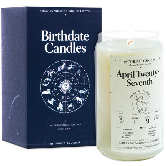 Birthdate Candles, April 27 - Taurus Zodiac Scented Candles Birthday Gift - Cedar, Sandalwood & Eucalyptus Scent - All-Natural Soy & Coconut Wax, 60-80 Hour Burn Time - Made in USA