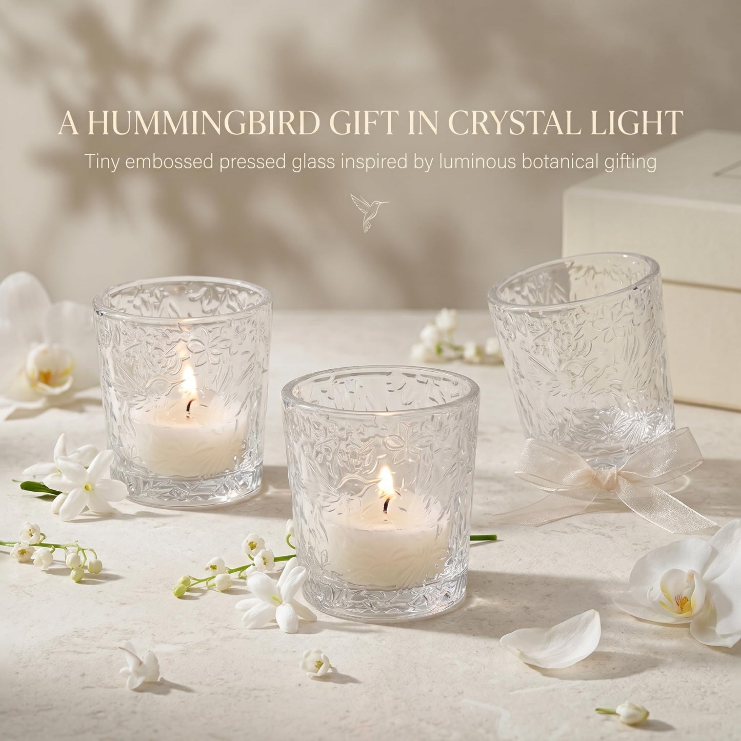 6 Pack Hummingbird Embossed Glass Candle Holders Votive Tealight Holders with Patent Design, Decorative Cups for Wedding Centerpieces, Parties, and Home Decor (Crystal Clear)