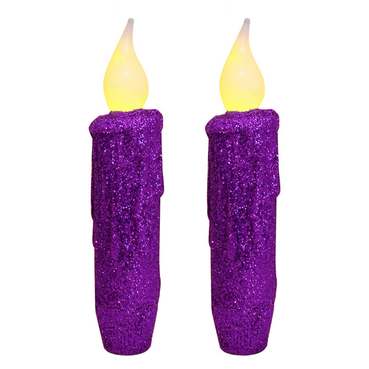 CVHOMEDECO. Glitter Flameless Candles Flickering Battery Operated LED Taper Candles with Timer for Home, Wedding, Halloween, Christmas Decor. Purple, 4-3/4 Inch, Set of 2
