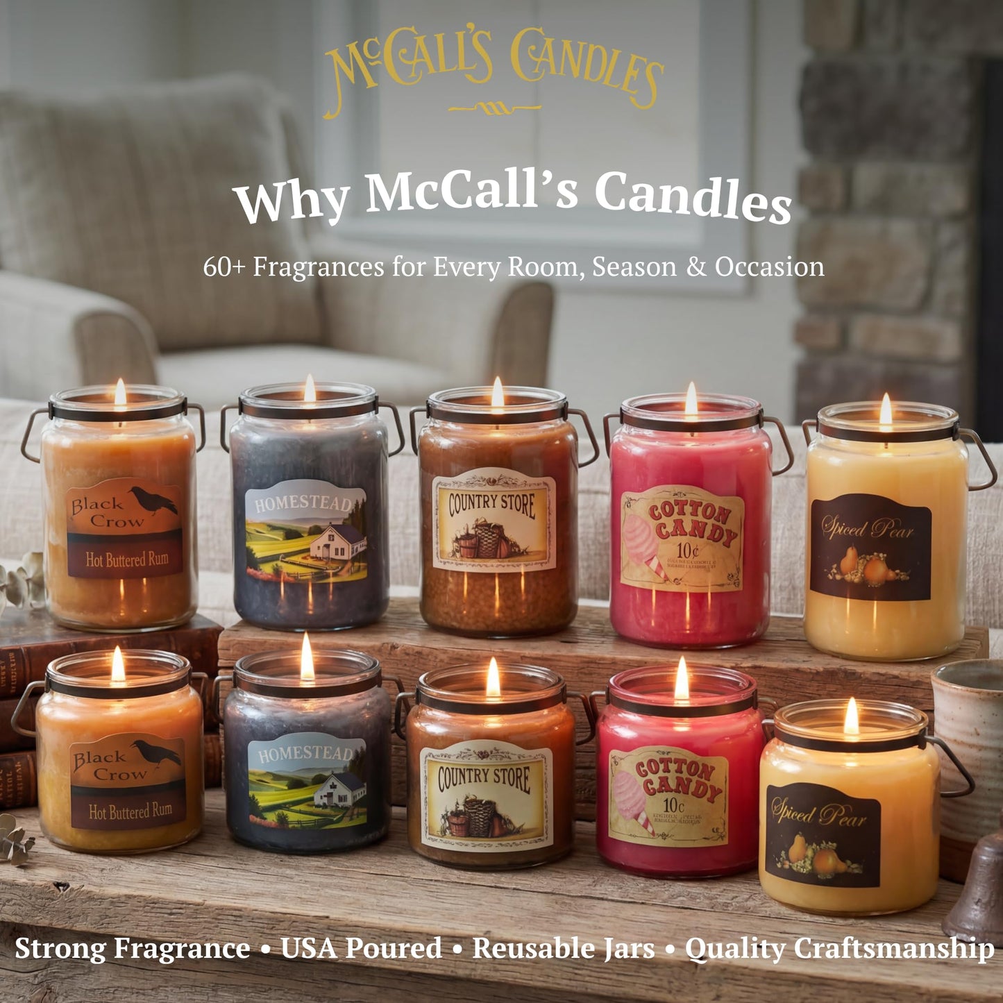 McCall’s Candles | Cozy Cabin | 16 oz Two-Wick Scented Candle | USA-Poured | Vintage Mason Jar with Carrying Handle | Cedar, Cinnamon, Nutmeg & Vanilla Fragrance