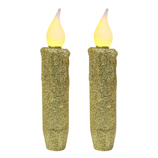 CVHOMEDECO. Glitter Flameless Candles Flickering Battery Operated LED Taper Candles with Timer for Home, Wedding, Halloween, Christmas Decor. Gold, 4-3/4 Inch, Set of 2