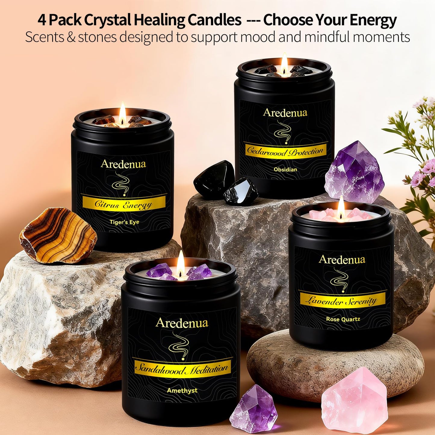 Aredenua Scented Candle with Crystal for Emotional Protection and Grounding - Cedarwood Aromatherapy Candle with Obsidian Healing Crystals, Natural Soy Wax 7oz, Strength Gift for Women Men