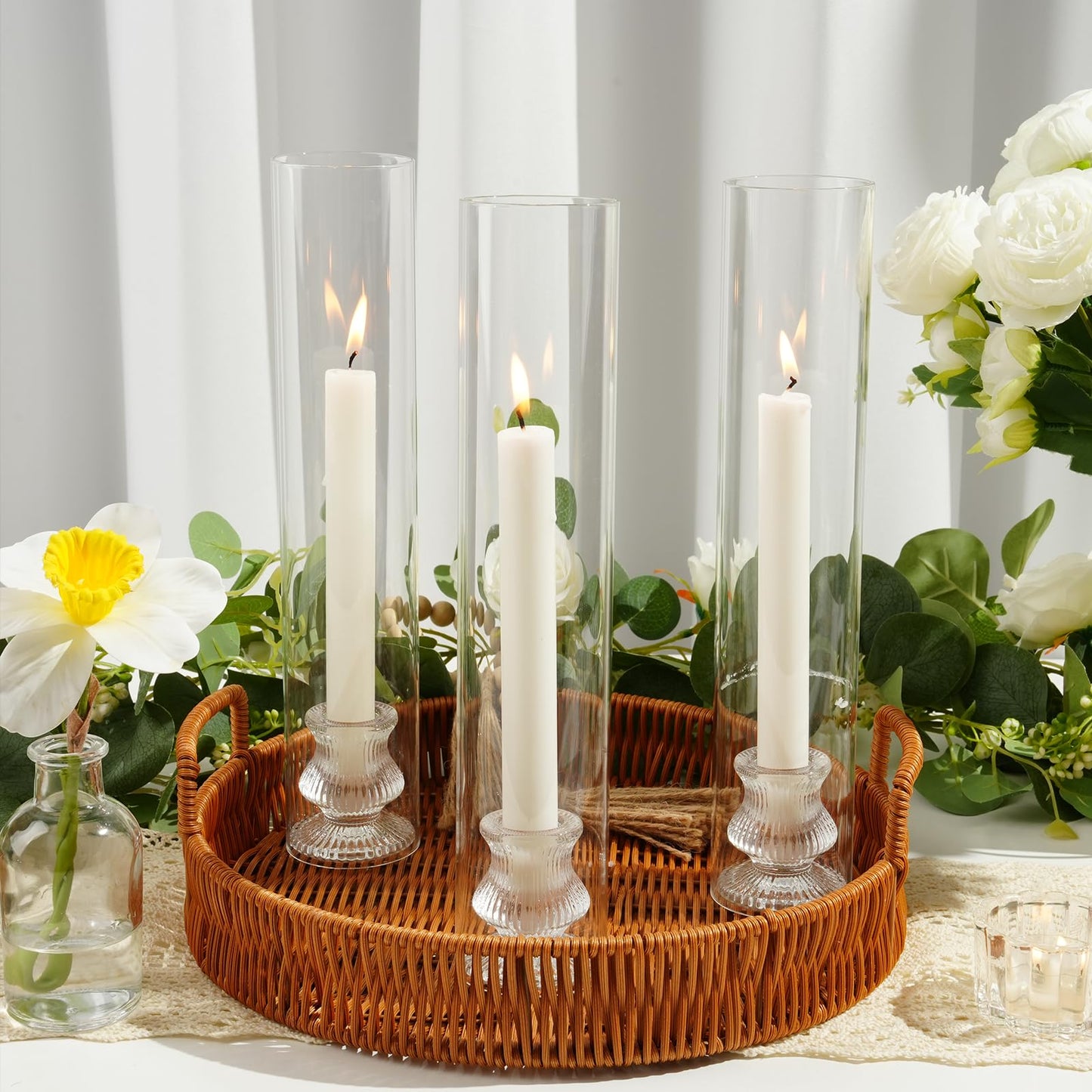 Hurricane Glass Candle Holders 4Pcs Fluted Candlestick Holders for Taper Candles with Cylinder Covers Crystal Candle Sticks Holder Decor for Wedding Birthday Christmas Table Decoration