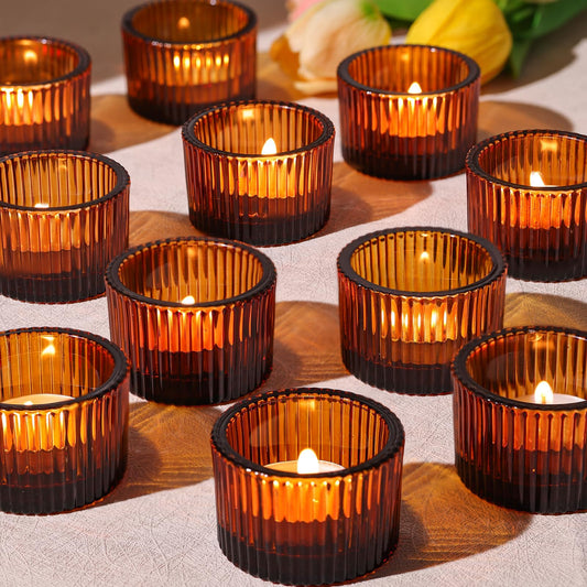 HAVITI 24 Pack Amber Tealight Candle Holders, Glass Votive Candle Holders Fall Decorations for Home Table Fall Wedding Centerpieces, Party Supplies and Vintage Decor