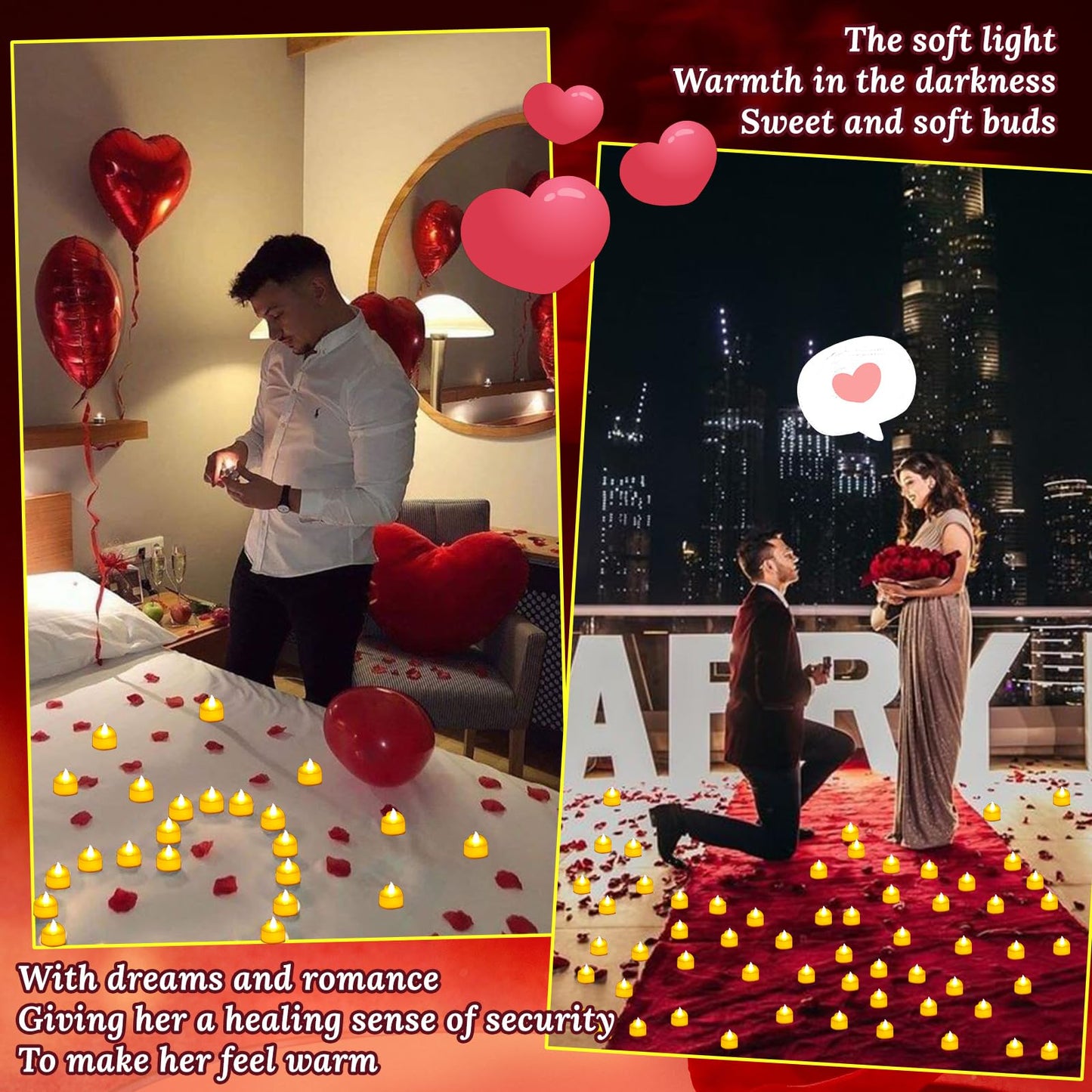 JMUQ 9000 Pieces Artificial Rose Petals with 96 Pieces Romantic Heart Led Tealight Candles, Rose Petals and Candles Set for Weddings Anniversaries Proposals Decor(Warm White Light)