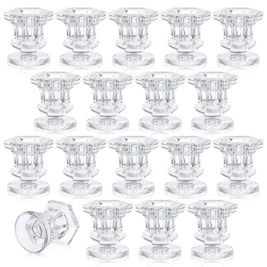 Potchen 18 Sets Glass Candle Holders Bulk Wedding Crystal Candlestick Holders Taper Candle Stands Table Centerpiece for Wedding, Baby Shower, Birthday Party Decorations(Clear,18 Pieces)