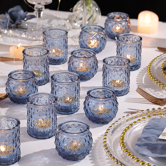 NITIME 12Pcs Assorted Blue Votive Candle Holders, Tea Lights Candle Holder for Wedding Decor, Blue Candle Holders for Table Centerpiece, Bridal Shower, Baby Shower Decorations