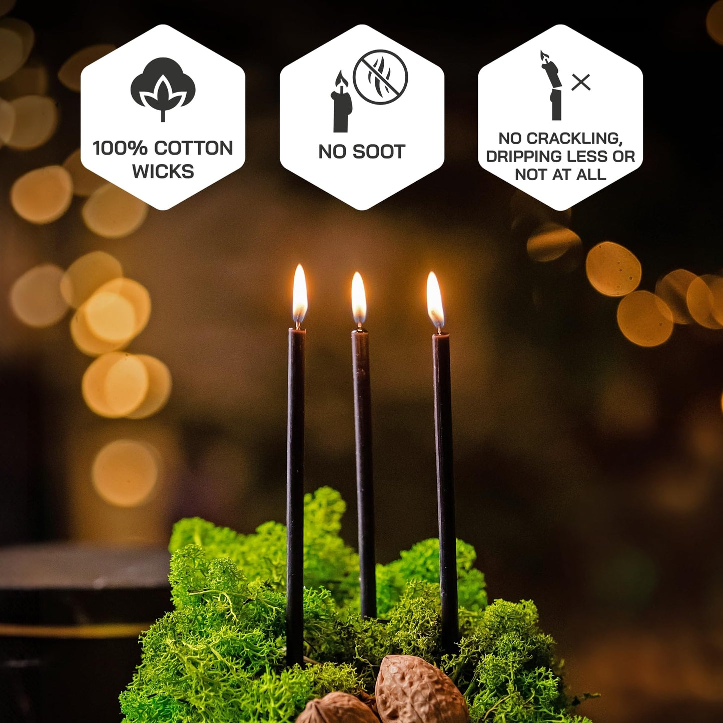 Danilovo Thin Taper Beeswax Candles - No-Drip, Smoke-Less, Tall, Decorative, Honey Scented Candles Ideal for Church Prayer, Rituals, Decor or Birthday – 7.3”x0.24” (Black, 100pcs)