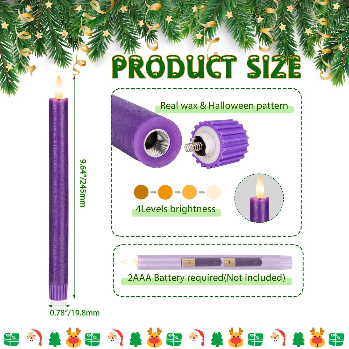AFINETH Purple Flameless Taper Candles with Remote, 3 Pack Real Wax Battery Operated Candles, 9.6 Inch Flickering Led Christmas Candlesticks Decorations for Winter Home Holiday Xmas Gift