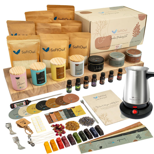 SoftOwl Premium Soy Candle Making Kit with Electric Melter - Soy Wax, Big 7oz Jars & Tins, 7 Pleasant Scents, Color Dyes & More - Perfect as Home Decorations - DIY Starter Scented Candles Making Kit