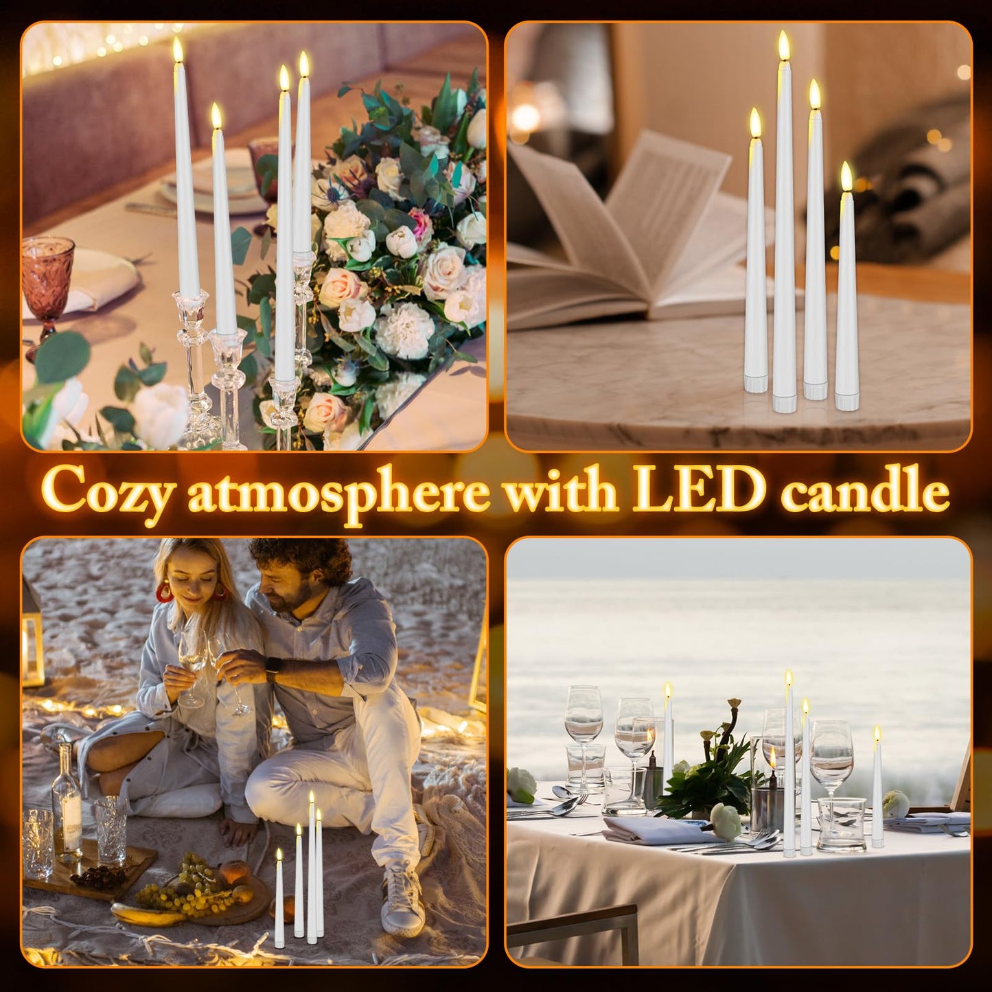 Rossesay 48 Pcs Flameless LED Taper Candles Battery Operated Candles 4 Sizes of 8.5'', 9.65'', 10.83'', 12.8'' Flameless Candlesticks Flickering for Halloween Christmas Church Wedding(White)