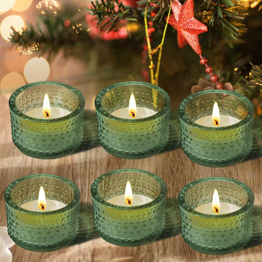 JOYIT Green Votive Candle Holders Bulk Set of 6, Tealight Candle Holder for Wedding Table Centerpiece, Glass Small Candle Holders for Birthday Party, Valentine's Day, Home Decor (2''X 1.4'')