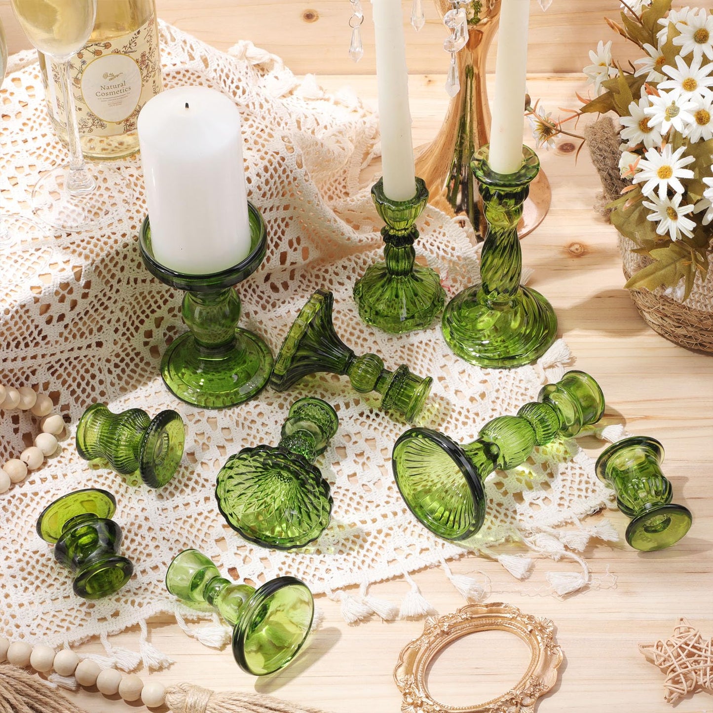 Mumufy 10 Pcs Glass Crystal Taper Candle Holders Clear Glass Candlestick Holder Fit 0.8 Inch Candles Crystal Decorative Candle Stand Centerpiece Table Wedding Dining Party (Classic,Green)