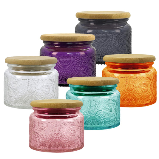 LINGSHINE 4 oz Glass Storage Jars with Airtight Bamboo Lids (6 pack, 6 Colors) - Decorative Embossed Mini Containers for Spices, Herbs, Kitchen Organization, Candle Making, Party Favors & DIY Gifts