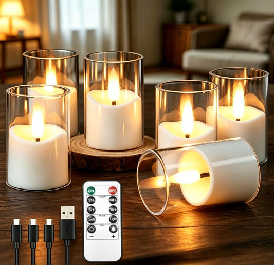 YTRUSTIX Rechargeable Flameless Tea Light Candles with Timer Remote, 1.7"x2.5" Acrylic Small Votive Electric LED Candles Battery Operated for Home Aniversary Wedding Holiday Decor (Pack of 6, White)