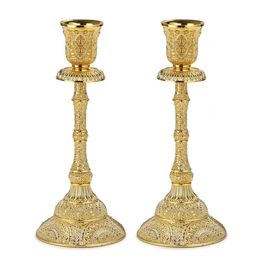 OwnMy Set of 2 Taper Candle Holders Vintage Metal Pillar Candlestick Holders 7.4”, Elegant Brass Candle Stick Holders Decor Candelabra Set for Dining Table Centerpieces Wedding Home Decoration, Gold