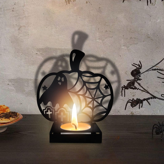 Halloween Shadow Candle Holders Pumpkin Ghost Candle Shadow Spooky Metal Candlestick Holders Decorations Vintage Tealight Candle Holders with Shadow for Halloween Party Supplies