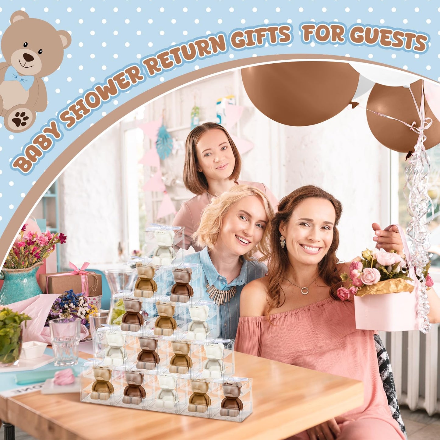 Hoolerry 60 Pcs Baby Shower Favors Mini Bear Candles Party Favors with Boxes Handmade Bear Shaped Candles Bulk for Baby Shower Boys Girls Wedding Gender Reveal Party Guest (White,Brown)