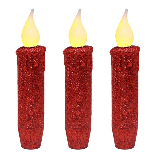 CVHOMEDECO. Glitter Flameless Candles Flickering Battery Operated LED Taper Candles with Timer for Home, Wedding, Halloween, Christmas Decor. Red, 4-3/4 Inch, Set of 3