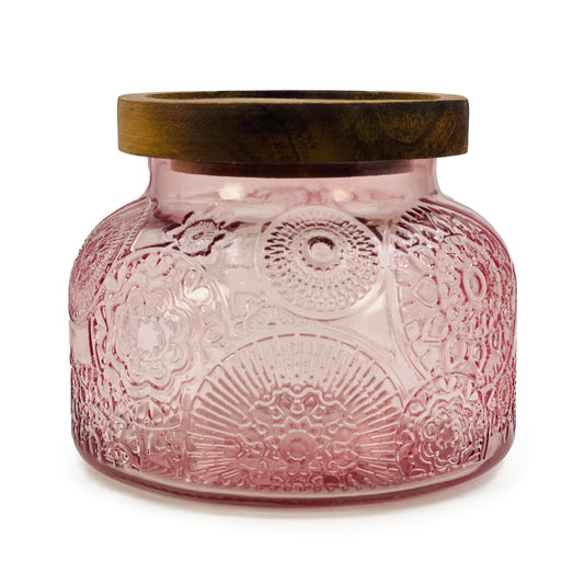 Decorative Pink Glass Jar with Airtight Wooden Lid 25.4 oz, Wide Mouth Vintage Kitchen Food Storage Container for Cookie Candy Honey Flour Spice Coffee Tea, Home Decor Sand Candle Holder Vase