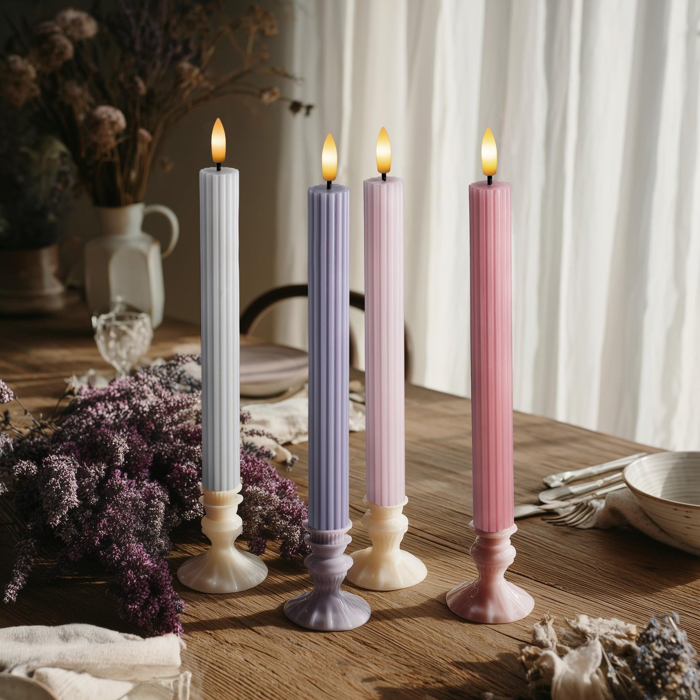 WYZworks Coordinated Dusty Mauve Pinkish Lilac 4 Pack, 10" Real Wax LED Flameless Fluted Ribbed Grooved Taper Candles, Remote & Timer Memory, On/Off Button, Dimmable, Battery Operated, Menorah Wedding