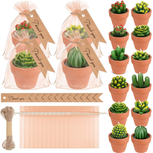 Qunclay 12 Pcs Succulent Cactus Tealight Candle Mini Cactus Tealight Candles Plant Candles with Terracotta Pot Organza Bag Tags Twine for Mexican Cinco De Mayo Birthday Wedding Baby Shower Party Gift