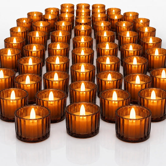 Mumufy 100 Pcs Glass Tealight Candle Holder Ribbed Votive Candle Holder for Centerpiece Wedding Proposal Spa Aromatherapy Meditation Home Decor (Amber)