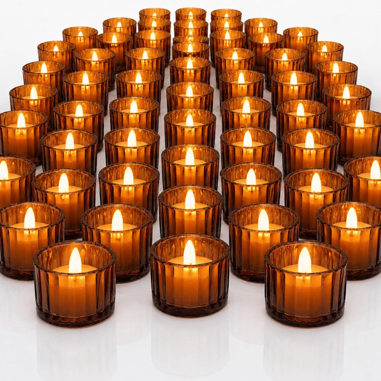 Mumufy 50 Pcs Glass Tealight Candle Holder Ribbed Votive Candle Holder for Centerpiece Wedding Proposal Spa Aromatherapy Meditation Home Decor (Amber)