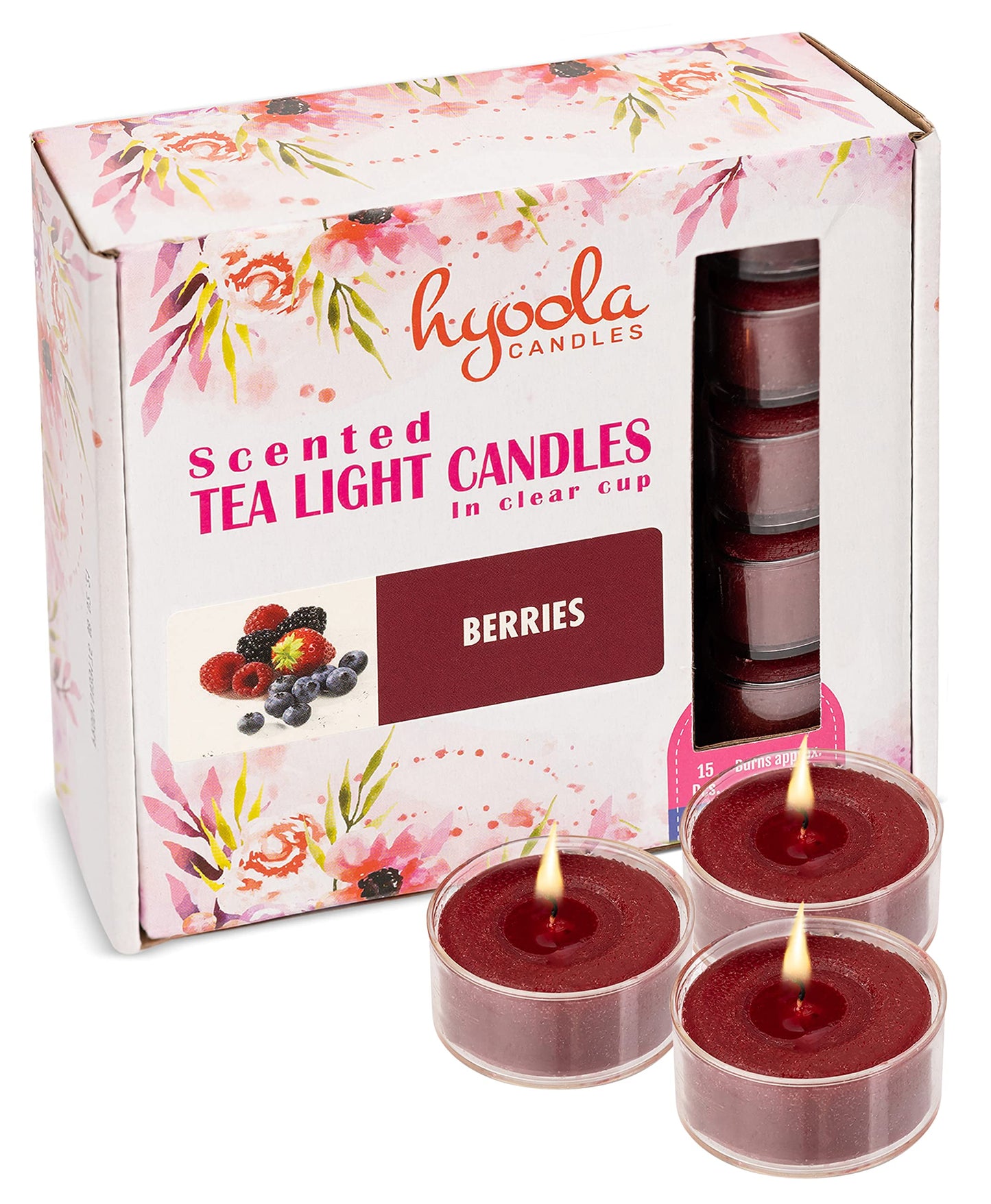 HYOOLA Scented Tealight Candles - Clear Cup - Berries Tealight Candles Scented - 6 Hour Burn Time - 15 Pack - European Made